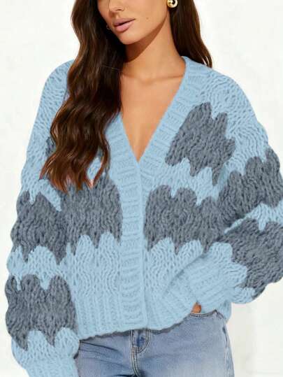 Women's Solid Color Knitted Jacquard Cardigan, Everyday Wear, Autumn/Winter