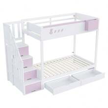Children's Bunk Bed 90x200 Cm, Rabbit And Carrot Pattern, Practical Storage Ladder With Drawers, Slatted Bed Base And Removable Shelf - White+Pink - View 10