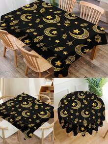 1pc Ramadan Series Printed Tablecloth, Gold Star & Moon Modern Polyester Rectangular/Round Waterproof Tablecloth, Digital Printing Suitable For Living Room, Outdoor Dining, Small Round Table - Black - View 2