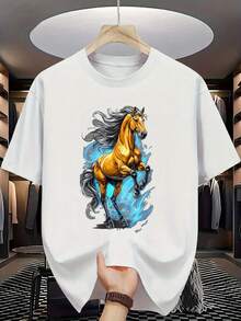Horse print T-shirt for men and women in soft cotton, crew neck, comfortable fit, art print - Branco - Ver 1