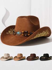 1PC 民族风格木珠装饰链刺绣高顶礼帽，欧美流行的西部牛仔帽，时尚简约百搭爵士帽，适合日常佩戴、生日派对、万圣节、西部主题活动、音乐节、音乐节等。 - A - 查看 1