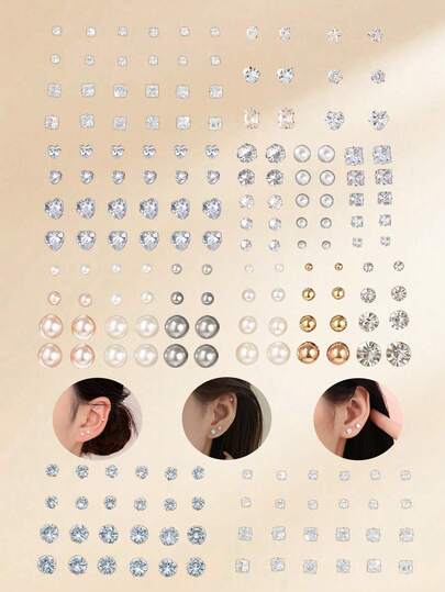 27/24/12/6 Pcs Simple Crystal Rhinestone & Faux Pearl Sparkling Stud Earrings Set, Fashion Zirconia Earrings For Daily, Casual, Holiday, Party, Date, Gift, Halloween, Christmas, Valentine's Day, Mother's Day