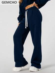 GEMCHO Women's Polyester Sweatpants With Pockets, Knit Fabric With Slight Stretch, Casual Running Pants, Activewear, Suitable For All Seasons - Navy Blue - View 2