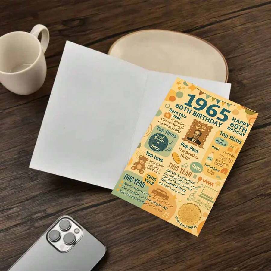 بطاقة تهنئة عيد ميلاد ذكرى 1965 السنة الستين مع مغلف (11سم * 16سم) - "تهانينا بعيد ميلادك الستين، تمنيات رجعية"، مشهد قديم مع أبرز محطات عام 1965، مثالية للعائلة والأصدقاء، مناسبة لاحتفالات عيد الميلاد الستين، بطاقة تهنئة عيد ميلاد | بطاقة رجعية 1965 | بطاقة ورقية