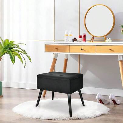 Vanity Stool With Storage, Velvet Ottoman With Solid Wood Legs &Amp; Flip-Up Padded Seat, Modern Footrest Stool, Recta...
