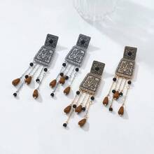 1 Pair Vintage Boho Style Zinc Alloy Pendant Earrings - Delicate Floral Design With Tassel Pendant, Suitable For Daily And Party Occasions, Valentine's Day Gift - Tassel - View 2