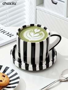 choxila 1 Set nordischer Stil Streifen Keramik Tasse & Untertasse Set, Ins Stil rund zylindrische amerikanische Latte Kaffeetasse & Untertasse Set, Trinkglas Tasse & zarte Teekasse & Untertasse Set für den Heimgebrauch oder Nachmittagstee - Tasse - Übersicht 2