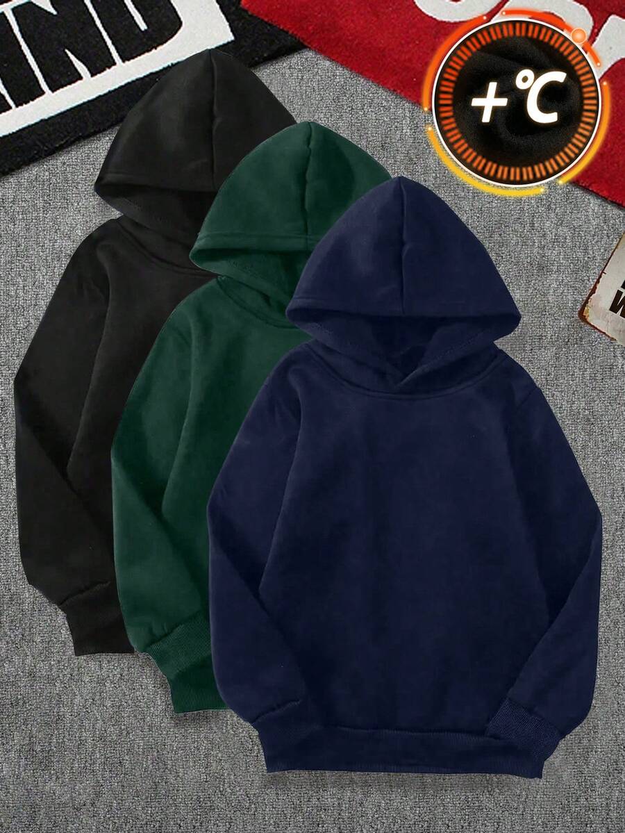 3pcs/Set Teen Boys Casual Solid Color Minimalist Pullover Hooded Sweatshirt With Kangaroo Pocket, Spring/Autumn - Navy Blue - View 1