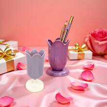 Purple Pen Holder Desk, Plastic Tulip Pen Holder Cute Stationery Organizer Pencil Stand Pencil Cups Desktop Decoration Pencil Holders - 1 - Xem 4