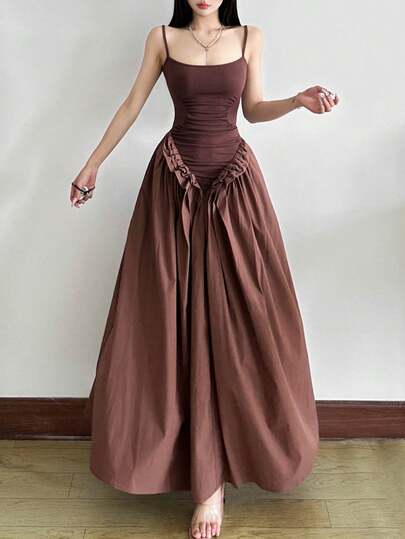 Dazzle Sleeveless Ruched Flare Hem Dress For Women