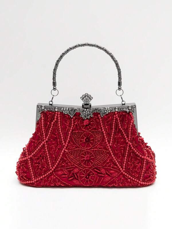 1 pezzo Borsa clutch da sera elegante e di lusso in stile vintage anni '20, decorata con fiori intagliati, perline, paillettes, foglie di metallo e rampicanti in metallo nero, adatta per feste, matrimoni, occasioni formali