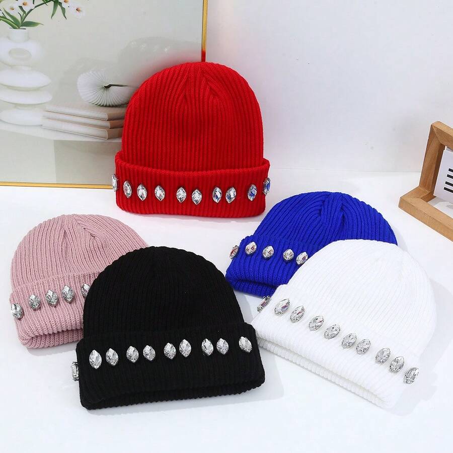 Fashion New Pearl Chain Rhinestone Knitted Hat For Women, Versatile And Warm, Ear Protection Knit Hat For Autumn And Winter - 黑色 - 查看 1