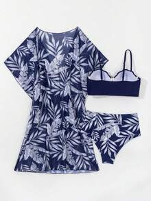 Conjunto De Traje De Baño Con Estampado De Plantas Tropicales Para Mujer,Conjunto de Bikini de Estampado Tropical 3pcs - Azul oscuro - Ver 3