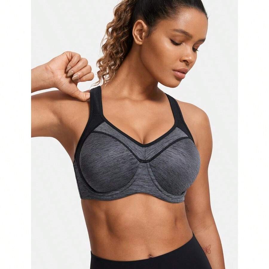 SYROKAN Women's Full Support High Impact Racerback Lightly Lined Underwire Sports Bra - 黑白灰 - 查看 1