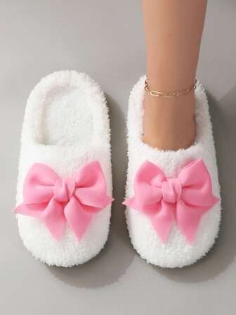 Fall/Winter Cute Macaron Color Plush Bow Soft Bottom Ladies' House Slippers,Fluffy Slippers,Christmas Outfits