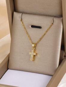 1件优雅闪亮锆石镶嵌十字架吊坠不锈钢项链，适合女孩佩戴，时尚百搭，是街头、派对、节日、圣诞节、耶稣升天节以及日常佩戴的理想之选，也是一份贴心的礼物。 - 金色 - 查看 7