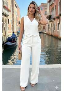 Milu Variety Belly Women's Tailored Set - Pants And Vest With Buttons - Elegant - Sizes S, M, L, XL - trắng - Xem 1