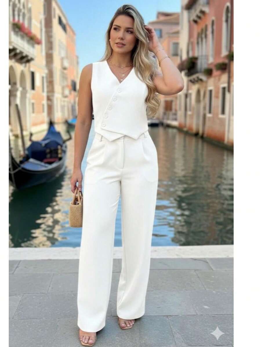Milu Variety Belly Women's Tailored Set - Pants And Vest With Buttons - Elegant - Sizes S, M, L, XL - trắng - Xem 1
