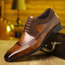 Men's Wingtip Brogue Formal Dress Shoes, Lace-Up Perforated Faux Leather Non-Slip Wear-Resistant Business Footwear For Wedding Office Daily Commute Wear - 棕色 - 查看 3
