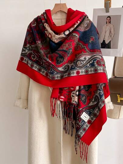1pc Vintage Paisley Pattern Jacquard Faux Cashmere Scarf, Women Fashion Versatile Warm Shawl For Daily Wear