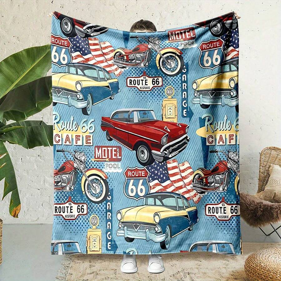 Retro Route 66 Vintage Car Print Throw Blanket, All-Season, Fluffy & Soft, Durable No Shedding, Polyester, Contemporary Style, Cartoon Theme, Reversible, 200-250g Fabric, Home & Office Use, Ideal Gift For Family & Friends  Nordic Style Acrylic Rectangular Office Nap Sofa Blanket, Air Conditioning Blanket, Knitted Small Blanket, Shawl Cover Blanket, Bed End Blanket Soft & ,Skin-Friendly Multi-Size Versatile Blanket ,Lettering Numbers Doodle Christmas Blanket,Chicken - 彩色 - 查看 1