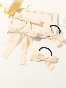 4pcs Beige Flocked Cute Bowknot Hair Clips + Hair Ties, Simple & Casual Hair Accessories Set For Girls, Suitable For Daily Use - Beige - View 5