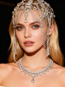 新娘高端头饰发饰；跨境新品，异域风情，网状多层水晶发链，闪亮花朵头链批发 - 銀色 - 查看 6