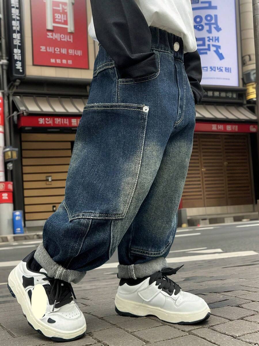 小男孩宽松牛仔裤，大口袋，时尚有弹性，秋季 - 藍色 - 查看 1