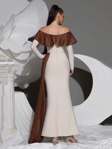 New Sexy Off-Shoulder Ruffle Trim Pleated Flowy Maxi Bodycon Dress, Women Formal Wedding Guest Party Evening Gown - Apricot - View 6