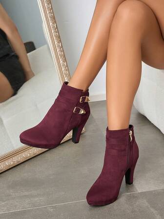 Women's Fashion Ankle Boots High Heel Waterproof Platform Short Boots, Winter New Women's Shoes, Warm Women's Boots, Fashionable Casual Women's Shoes, Suede Ankle Boots, Black Short Boots With Lace-Up Zipper, Comfortable Waterproof Platform Women's Boots, Women's Ankle Boots And Short Boots, Women's Fashion Boots,Burgundy Heels