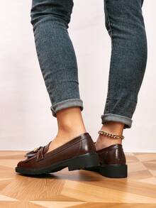 女士乐福鞋，圆头流苏平底乐福鞋，户外复古平底鞋，女士休闲鞋，女士平底鞋 - 巧克力棕 - 查看 6