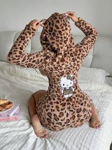 SANRIO Leopard Print Women's Casual Hooded Plush Jumpsuit, Comfortable & Minimalist, Suitable For Autumn/Winter Home Wear - Brown - View 2