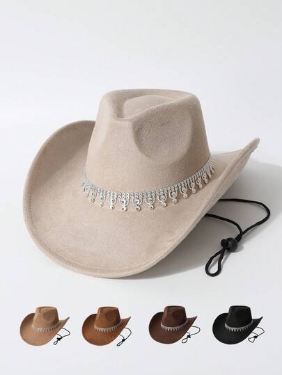 1pc Unisex High Quality Rhinestone Hatband Decor Wide Brim Hat, Western Cowboy Style, Fashion Minimalist Fedora Hat, Suitable For Daily Wear, Parties, Western Themed Events, Gatherings, Cosplay, Graduation, Masquerade, Festivals, Birthdays, Concerts