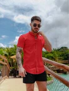 Men's Short-Sleeve Shirt With Mandarin Collar And Linen-Look - Assorted Colors - Comfortable - Red - View 4
