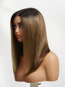 UNice 7x5 蕾丝闭合假发，告别打结，栗棕色渐变 Yaki 直发波波头假发，100% 真人发，预剪预漂预拔毛，无胶假发，即戴即用，女士专属。