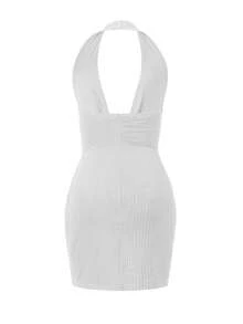 Robe moulante en tissu perlé à épaules dénudées, dos nu et décolleté plongeant, convient pour les rendez-vous, les fêtes et la rentrée scolaire - Blanc - Voir 4