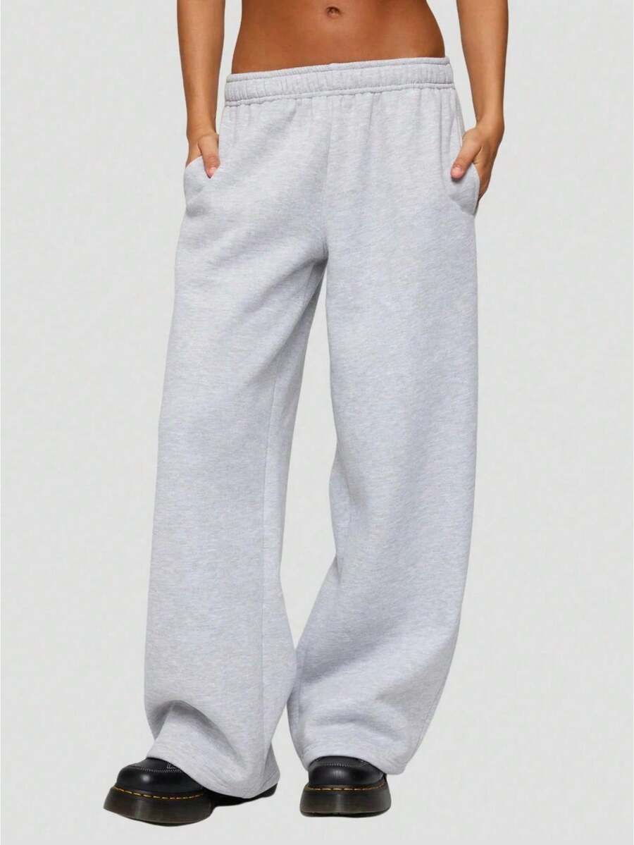 Women's Wide Leg Sweatpants Elastic Waist Low Rise Solid Color Pants Causal Lounge Trousers With Pockets Baggy Pants Athletic Jogger Workout Pants Y2k Track Pants Streetwear - Màu Xám nhạt - Xem 1