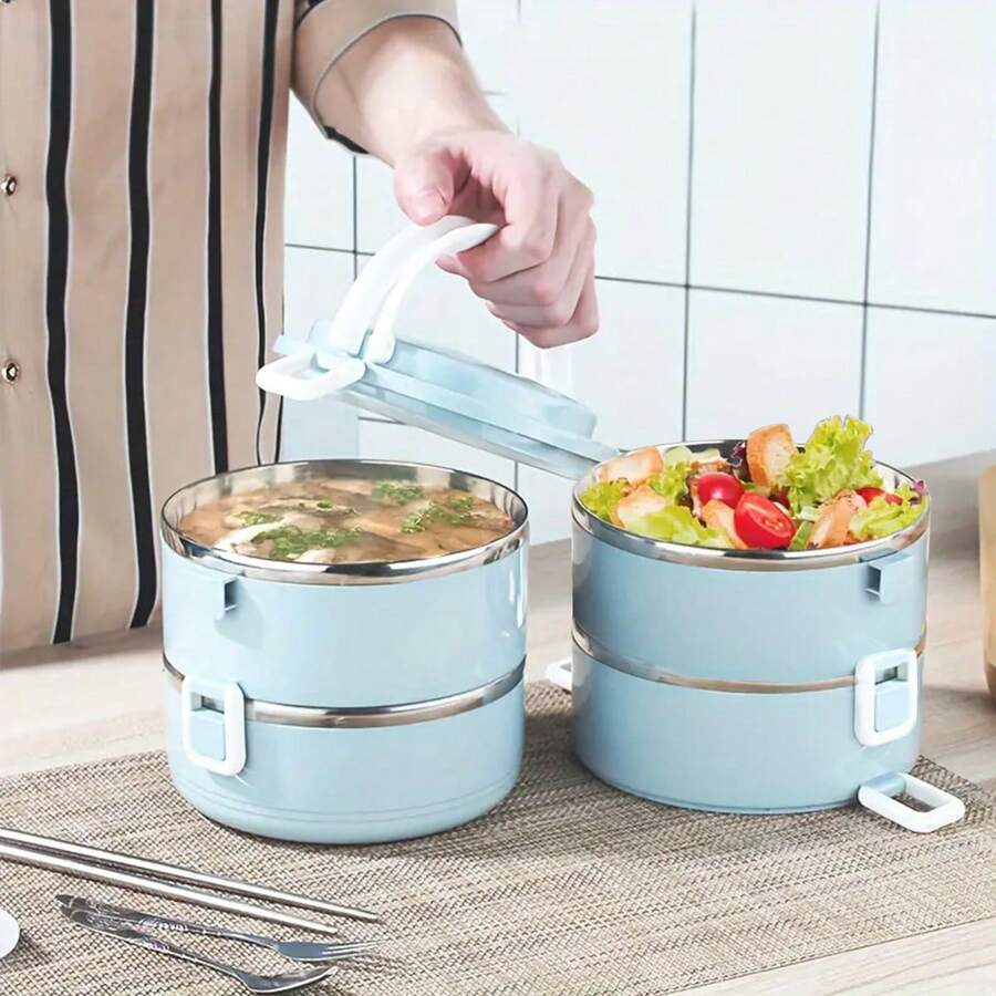 4-Layer Large Capacity Insulated Lunch Box, Stainless Steel Insulated Lunch Box, Suitable For Adults, Offices, Camping, And Families, Stackable Stainless Steel Insulated Grid Lunch/Snack Box - Baby Blue - View 1