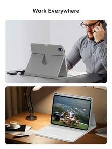 适用于 iPad A16（第 11/10 代）、iPad Air 10.9（第 4/5 代）、iPad Air 11（M2/M3）、iPad Pro 11（第 7/8/9 代，10.2 英寸）、iPad Mini 6/7 的 360° 旋转无线蓝牙键盘保护套，内置 150mAh 电池，采用 PMMA 和 PU 皮革材质，灰色。
