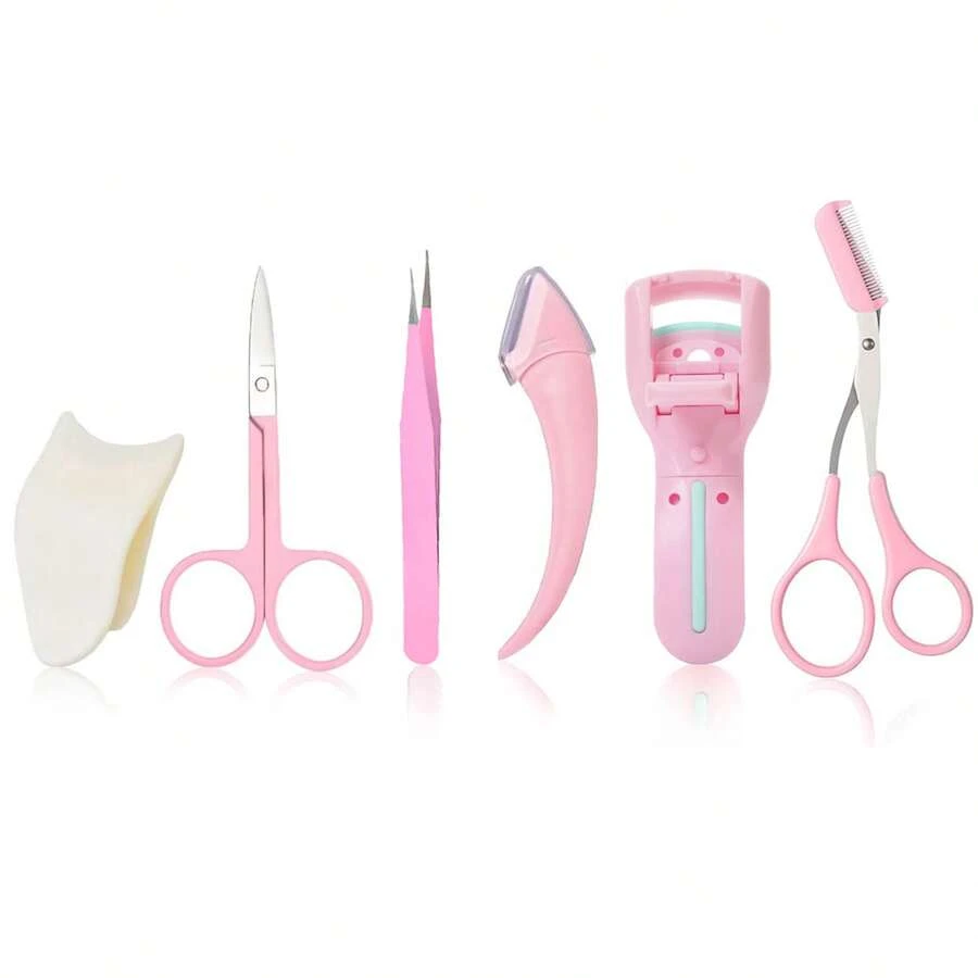 6-Piece Professional Eyebrow Grooming Kit With Razor, Tweezer, Eyelash Curler, False Eyelash Tool, Scissors, Comb - Women's Kit