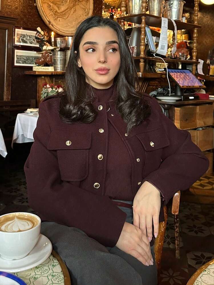 Jaqueta de Outono Feminina Vinho Tinto de Gola Redonda, Mangas Longas, Bolsos, Botões, Abotoamento Único, Casacos Casuais de Moda Feminina - Vinho - Visão 6