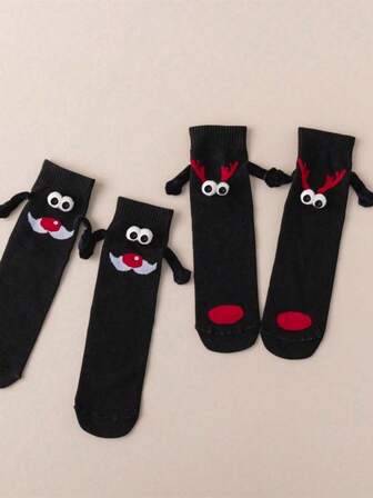 2pairs Christmas Themed Magnetic Attraction Creative Handheld Beard & Antler Socks
