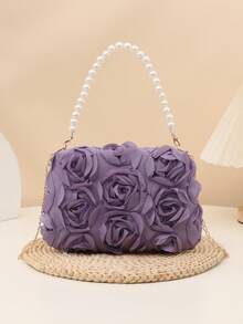1pc Elegant 3D Rose Flower Shoulder Bag, Metal Chain Crossbody Bag, Faux Pearl Handbag, Women's Party Dress, Party Bag, Holiday Party Dress, Valentine's Gift, Bridal Bag, Bridesmaid Bag, Suitable For Party, Date, Wedding, Evening (Pattern Random) 1pc Fashionable Floral Handbag, Pearl Decor Chain Shoulder Bag, Floral Fabric, New Summer Fashion Women Bag, Versatile Crossbody Bag, Shoulder Bag, Lightweight Clutch Suitable For Party, Nightclub, Shopping, Date , Purple - Lilac Purple - View 1