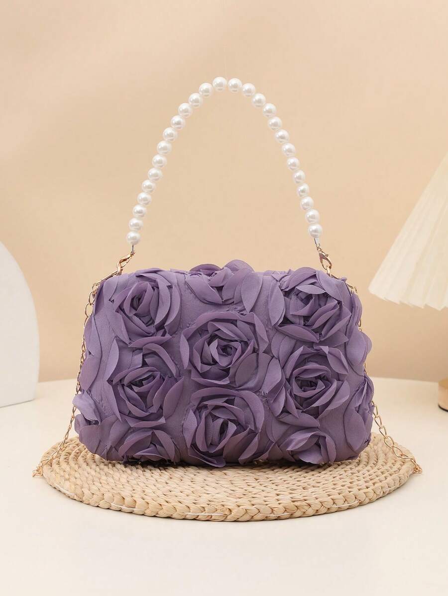 1pc Elegant 3D Rose Flower Shoulder Bag, Metal Chain Crossbody Bag, Faux Pearl Handbag, Women's Party Dress, Party Bag, Holiday Party Dress, Valentine's Gift, Bridal Bag, Bridesmaid Bag, Suitable For Party, Date, Wedding, Evening (Pattern Random) 1pc Fashionable Floral Handbag, Pearl Decor Chain Shoulder Bag, Floral Fabric, New Summer Fashion Women Bag, Versatile Crossbody Bag, Shoulder Bag, Lightweight Clutch Suitable For Party, Nightclub, Shopping, Date , Purple - Lilac Purple - View 1