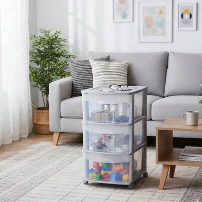 Italhome Cajonera de almacenamiento con ruedas, ideal para dormitorio, oficina, cocina, baño, lavandería, Organizador de plástico con 3 cajones transparentes, cajonera de color gris