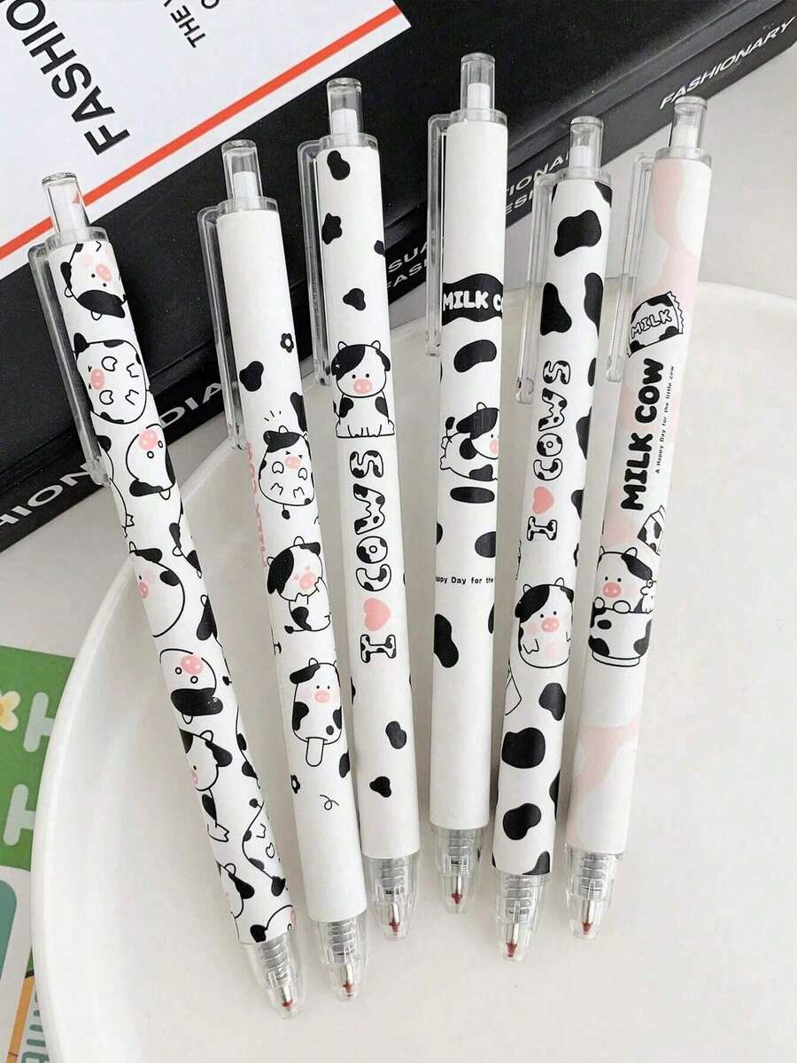 6pcs/Set Cartoon Cow Ballpoint Pens, Japanese Stationery, Black Ink, Suitable For School, Office, Student Writing - Black - View 1