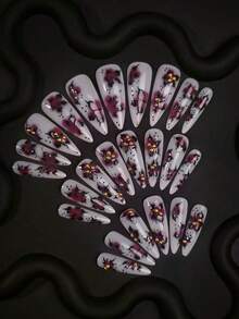 NAIO Enhance Your Style, 24 Pieces Long Almond Autumn And Winter Nails, Floral And Polka Dot Nails, Steel Ball Design, French Acrylic Press-On Nails, Perfect Fit False Nail Set, Including: 1 Piece Jelly Gel And 1 Nail File. Easy To Wear Autumn Nails And French Tip Nail Art, Suitable For Women Girls Daily Work Wear, Rave Party Use Nail Art Supplies
