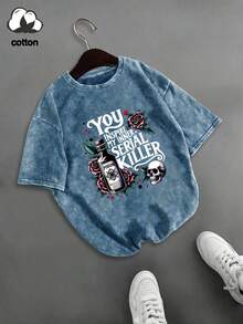 Áo thun cotton mùa hè cỡ lớn dành cho nữ - Họa tiết chai thuốc độc, hoa hồng và đầu lâu, kiểu dáng giản dị và thoải mái, phù hợp cho mặc hàng ngày và đi nghỉ mát, tay ngắn, in họa tiết, kiểu dáng thời trang, đã qua xử lý giặt. - Xanh đậm - Xem 4