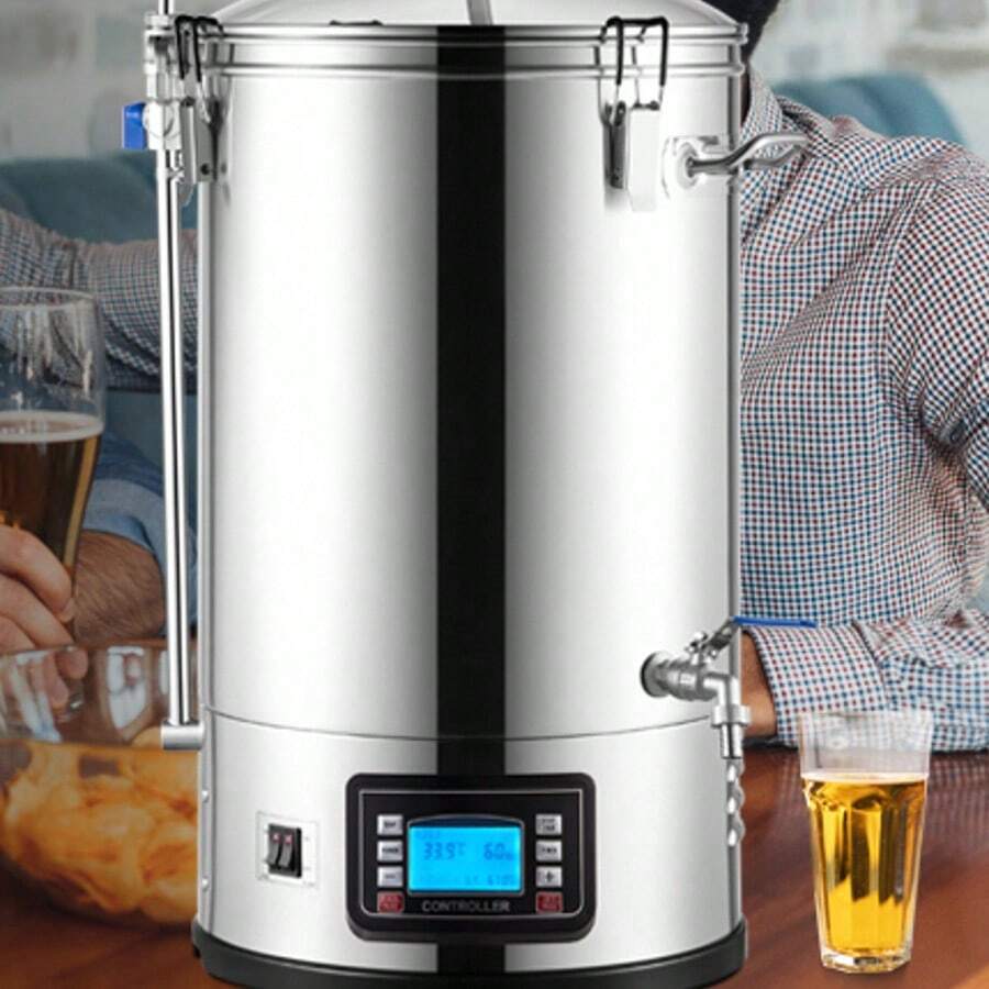 Sistema de elaboración de cerveza eléctrica, olla de preparación de 9,2 gal/35 L, cafetera de cerveza casera todo en uno con bomba, dispositivo de ebullición de puré con panel, modo automático/manual 100-1800 W de potencia 25-100 ℃ Temp 1-180 min temporizador Memoria de recetas - 9,2 galones - Ver 1