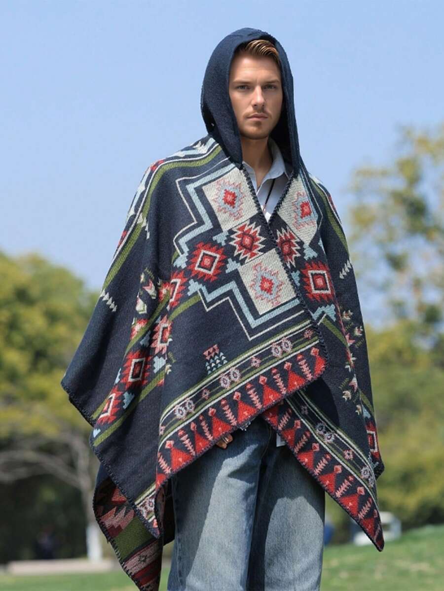 1pc Winter Jacquard Men's Hooded Cape/Poncho - Multicolor - View 1